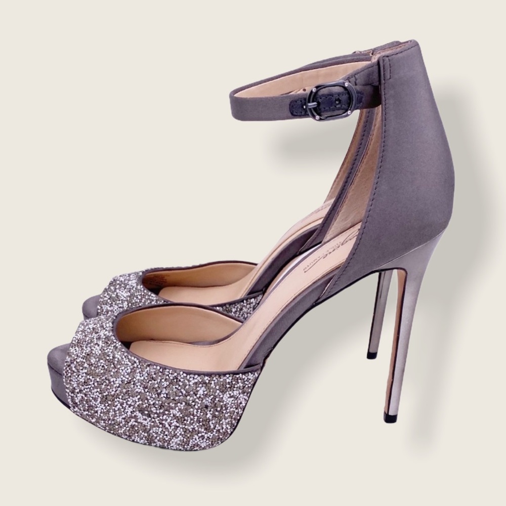 Vince Camuto Silver Glitter and Gray Ankle-Strap Platform Heels